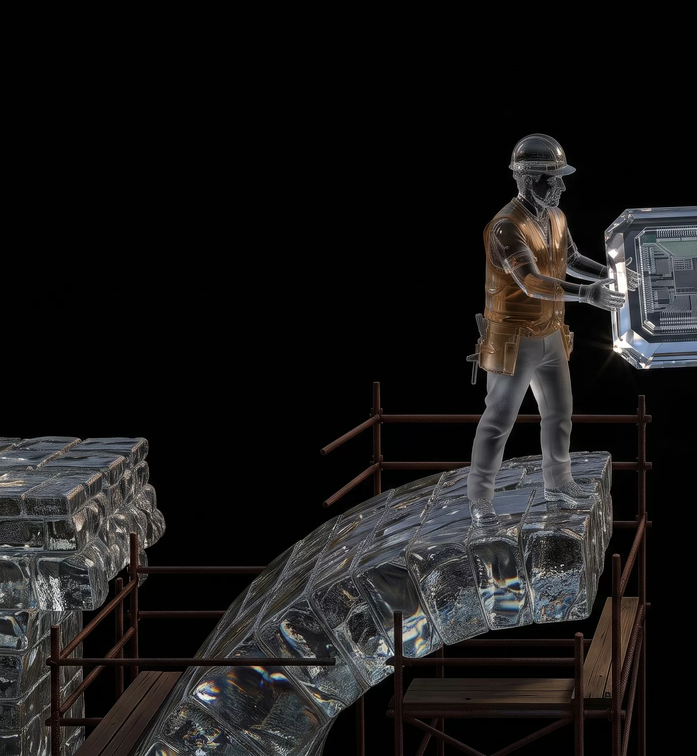 A builder on a stone bridge holding his half of the glass chip toward the gap
