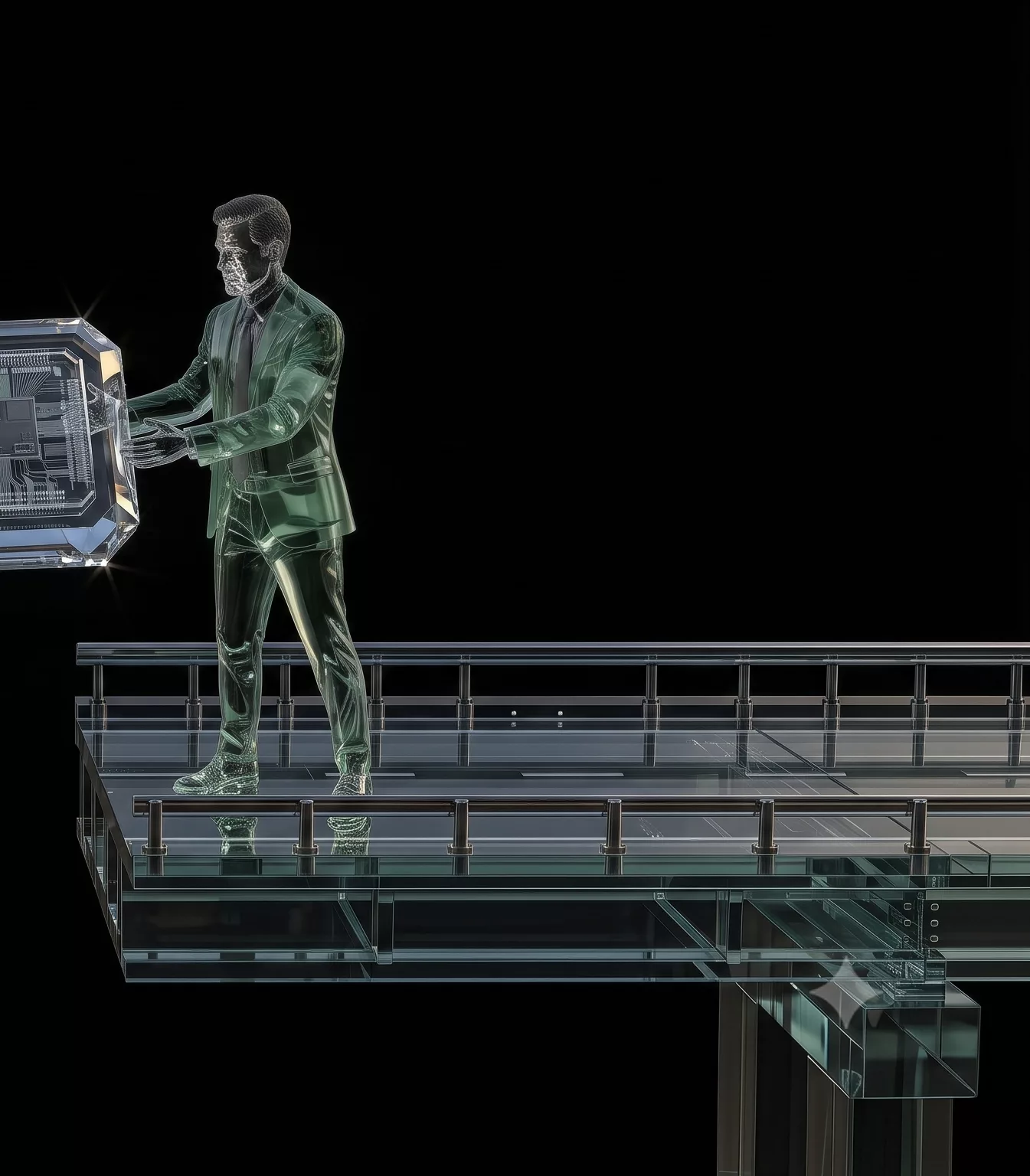 A business owner on a modern glass span holding his half of the chip